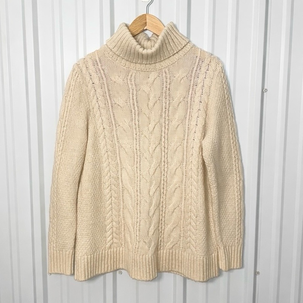 LL Bean Ivory Wool Fisherman’s Cable Knit Turtleneck Sweater Women Large Casual